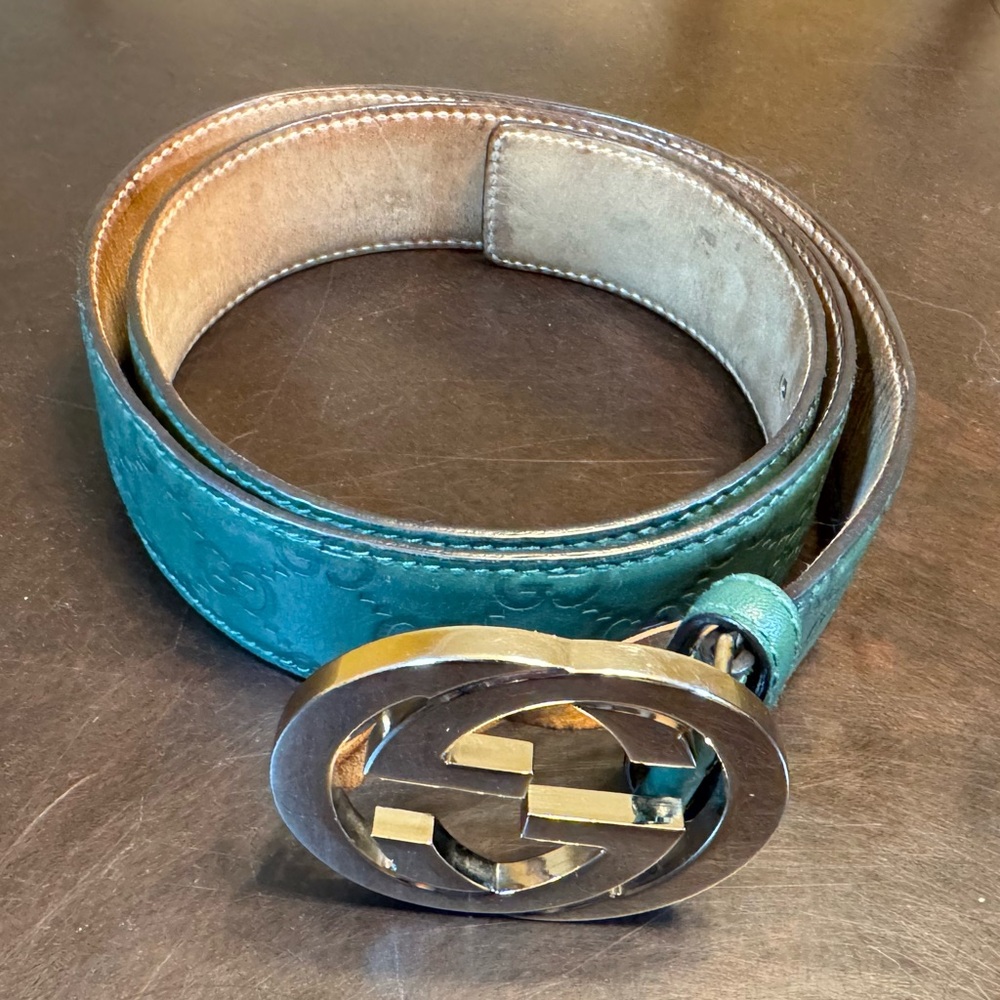 Authentic Gucci GG Supreme Logo Leather Belt Green Size 95 / US 38 - Picture 3 of 11